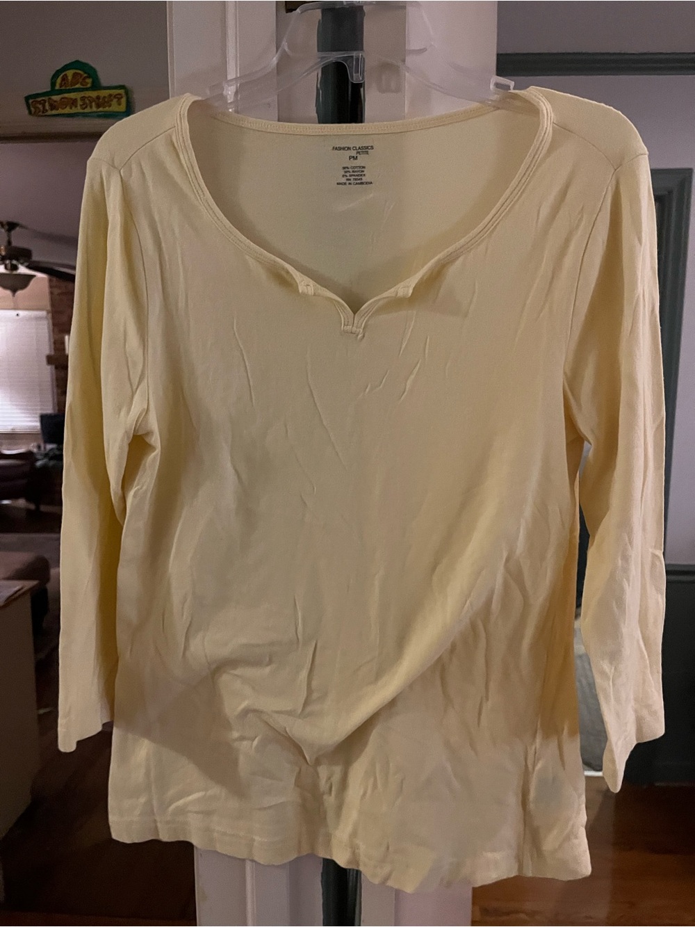 Denim&Co Pale Yellow Scoop Neck 3/4 Sleeve Top